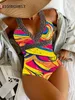 Onepiece Suits Vigoashely Sexy Print Strapped Badkläder Kvinnor Push Up Swimsuit Monokini Backless Hollow Summer Bathing Suit 230515
