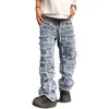 Mens Jeans Individualized patch jeans men and womens American high street hiphop fried beggar pants blue loose small crowd mopping 230516