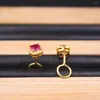 Stud Earrings 999 Pure 24K Yellow Gold For Women Rose Red Cubic Zirconic Gemstone Hook Weight 1.68g