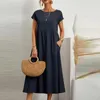 Casual jurken vrouwen elegante massieve maxi jurk zomer korte mouw o nek vintage harajuku katoenen linnen losse zonsondergang y2k zakken lang