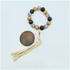 Nyckelringar Kimter Leopard Wood Beads Armband Ring med Tassel Circle Fashion Elastic Keychains For Lady Handbag Pendant Jewelry 2184 OTFQB