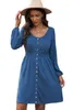 Blue Button Up hoge taille jurk met lange mouwen 2023 hete nieuwe 27JC#