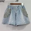 Damenshorts EWQ Frauen Diamanten Hohe Taille Denim Shorts Streetwear Vintage Kordelzug Breites Bein Kurze Hosen Sommerkleidung 700 230512