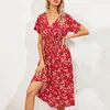 Casual jurken Elegant bedrukt strand Midi vrouwen zomer V-hals korte mouw Empire Taille A-lijn jurk Sundress vestido gewaden