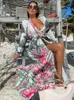 Women's Swimwear Leaves Print Bikini Beach Cover up Tunics for Long Kaftan Robe de Plage Sarong Swimsuit cover-s 230516