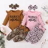 Rompers 3pcs doğumlu kıyafetler bebek kız giysileri setler bebek kıyafeti fırfırlar romper üst yay leopar pantolon doğumlu bebek kıyafetleri 230516