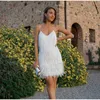 Casual Dresses Womens Evening White Dress with Feathers 2023 Women fransed paljettstitching Slim V-Neck Off Shoulder Wedding Guest