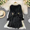 Casual Kleider Herbst 2023 Koreanische Chic Elegante Oansatz Kleid Frauen Dünne Taille Büro Arbeit Rüschen Dame Vintage OL