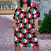 カジュアルドレス2023夏3Dプリントドレス幾何学的パターン女性のトップVネックボヘミアンスタイル