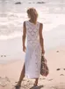 Swimwear 2023 Sexy Sleeveless Bikini Coverups White Crochet Tunic Knitted Summer Beach Dress Women Beach Wear Swim Suit Cover Up Q1299