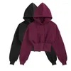 Sweats à Capuche Femme Sweat Court À Capuche Manches Longues Épais Femme Décontracté Sport Pull Fille Streetwear Automne Hiver Noir Rouge Vin