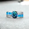 Wedding Rings Boho Female Blue Fire Opal Ring Charm Big Silver Color Oval Promise Love Engagement For Women