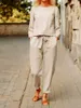 Women's Two Piece Pants Casual cotton linen sweater women solid suit long sleeve top loose pants set feminine spring summer elegant ladies 2 piece sets P230516