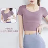 Yoga Outfit Women's Slim Fit Workout Tops Quick Dry Short Sleeve T-Shirt Built-in Chest Pad Open Navel Shirts Solid Color B2Cshop
