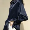 Kvinnors blusar skjortor Silk Korean Office Ladies Elegant Blue Women Fashion Button Up Satin Vintage White Long Sleeve Tops 11355 230516