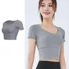 Yoga Outfit Women's Slim Fit Workout Tops Quick Dry Short Sleeve T-Shirt Built-in Chest Pad Open Navel Shirts Solid Color B2Cshop