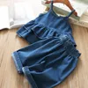 Clothing Sets Humor Bear Summer Girls' Clothing Sets Korean Denim Suspender Jacket TopWide Leg Pants 2Pcs Casual Kids Clothes 230516