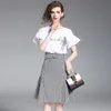 Skirts 2023 Style Summer Women Twinsets Short Flare Sleeve T-Shirt Tops Fashion Slim Plaid Zipper Skirt Two Pieces Set