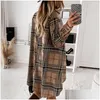 Casual Dresses Woman Dress Shirt Elegant Plaid Print Buttons Irregar Party Office Lady Turndown Collar Shirts Loose Mini Vestido Dro Dhtmy