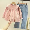 Clothing Sets Children'S Clothing Spring Autumn Floral Cute Baby Shirt Denim Bell Bottom Jeans Pants Casual Sweet Girls Clothes Suit 230516