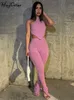 RUKAS Ribbed O Neck Backless Sexy Cute Crop Tank Top Slits Pants 2 Pcs Sets 2023 Summer Streetwear Sports Casual Tracksuit