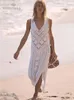 Swimwear 2023 Sexy Sleeveless Bikini Coverups White Crochet Tunic Knitted Summer Beach Dress Women Beach Wear Swim Suit Cover Up Q1299