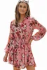 Roze vintage bloemenprint Drawn flowy jurk 07U1#