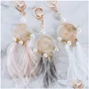 Nyckelringar Pearl Feather Chains Holder Dreamcatcher Pendants Car Keychain for Girls Women Bag Hanging Fashion Charm Accessories 906 D OT1DZ