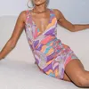 Casual Dresses Sexig ärmlös V Neck Back Tie-up Sundress Y2K Vintage Grafisk tryck Miniklänning Chic Women Summer A-Line Beach Holiday