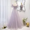 Abiti da festa SSYFashion Abito da sera romantico viola chiaro per le donne Colletto quadrato Manica a sbuffo A-line Paillettes Perline Abiti formali