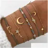 Pulseras con dijes 6 Unids Moda Amor Simple Fivepointed Star Moon Combinación Cadena de Piedra Natural Bead Bracelet Set Hecho A Mano Bohemio A Dhv6N