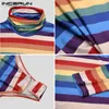 Men's T Shirts INCERUN Fashion Colorful Striped Romper Tees Mens Long Sleeve Turtleneck Bodysuit T-Shirts Male Fitness Jumpsuit Tops Plus