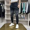 Mäns jeans Autumn 2023 Stylish Arrival Elastic Waistband Black Cowboy Men's Baggy Pants Gradient Fashion Cotton Overalls Byxor Man