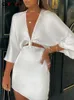 Casual jurken CotvoTee White For Women Fashion V Neck Out Summer Chic Vintage Three Quarter Y2K Mini 230517