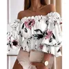 Women's Blouses Summer Print Ruffle Off Shoulder Shirt Women Fashion Floral Slash Neck Short Butterfly Sleeve Sexy Crop Tops 26429