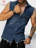 Camisas casuais masculinas Moda Men, verão, camisas de jeans de cor sólida decoração de bolso de gola de gola com gola virada de peito simples com um cardigan slim top 230515