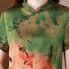 Женские блузки 1pcs Женские топы 2023 Шифоновые шелковые ткани принты сплайсины китайский стиль рубашка с коротким рубашкой.