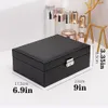 Jewelry Boxes Double Layer Jewelry Box Black Stud Organizer Large Ring Necklace Makeup Holder Case PU Leather Jewelry Box with Lock for Women 230515