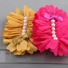 Decorative Flowers Girl Hair Matte Satin Rolled Flower Pearl Rhinestone Center Rose For Headband 11cm 20pcs/lot 8color Kids