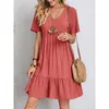 Lässige Kleider Vintage Fashion ALine Damen Minikleid Sommer Solid Casual V-Ausschnitt Rüschen Befree Kleid Boho Loose Beach Party Elegante Kleider 230515