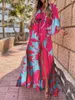 Women's Swimwear Bikini Cover-ups Boho Print Long Dress Self Belted Sexy Beach Tunic Summer Women Wear Swim Suit Cover Up A932 230516