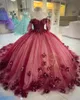 Princess Red Off The Shoulder Ball Gown Quinceanera Dresses For Girls Beaded Celebrity Party Gowns 3D Flowers Graduation Robe De