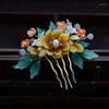Заколки для волос Step Shake Желтый цветок Китайский стиль Гребень Серьги Наборы для девочек Свадебные украшения Аксессуары для невесты