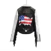 Women's Jackets American Map Tassels Punk Faux Leather Jacket Women Graffiti Studded Rivet Fashion Streetwear Motorcycle Coat