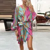 Casual Dresses For Women Summer 2023 Fashion Abstract Colorful Stripe Overlay V-Neck Lace Up Pleated Waist Long Sleeve Dress