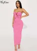 RUKAS Knitted Strapless Solid Hollow Out Bandage Elegant Sexy Slim Midi Prom Dress 2023 Summer Women Clothes Party Festival