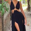 Casual Dresses Women Summer Solid Sleeveless Backless Sexy Steel Ring Hollow Out Slit Loose Beach Sundresses Boho Midi Dress