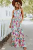 Çok renkli çiçek baskısı yüksek bel kolsuz maxi elbise 61ym#