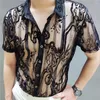 Camicie casual da uomo Camicia trasparente fiore di pizzo di lusso 2023 Estate manica corta See Through Button Up Men Camicia Uomo Floral Black