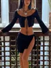 Werkjurken Dames 2 -delige sets Sexy Drawstring Ruches Tie Front Crop Top Rok Outfit Y2K Matching Set Summer Streetwear Vrouwelijke kleding
